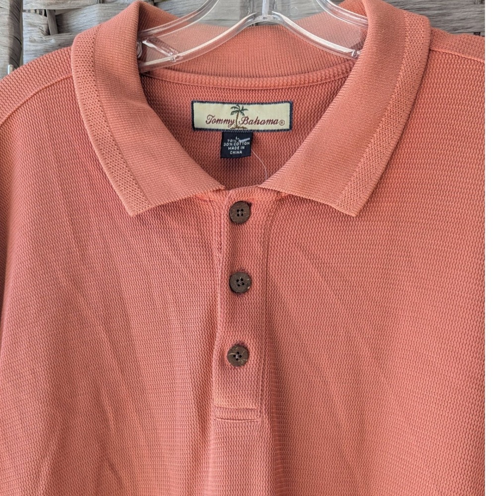 Tommy Bahama Polo Shirt Terracotta‎ Silk Cotton Waffle Knit Mens Sz L Resortwear